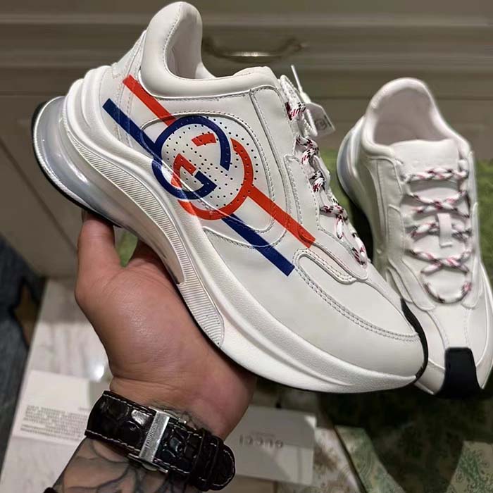 Gucci Unisex GG Run Sneaker White Leather Blue Mid Heel Red Interlocking G 6 Cm Heel