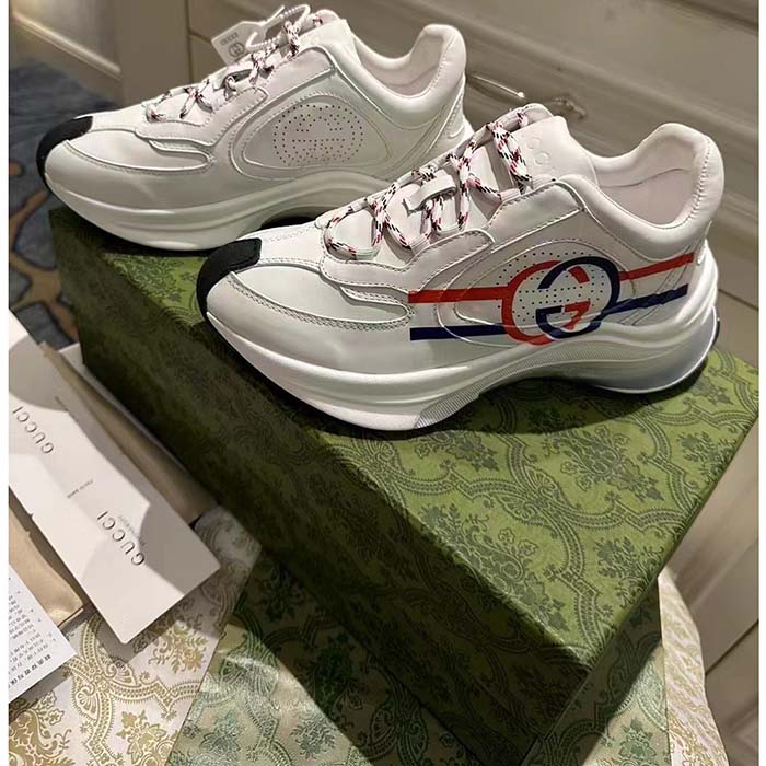 Gucci Unisex GG Run Sneaker White Leather Blue Mid Heel Red Interlocking G 6 Cm Heel