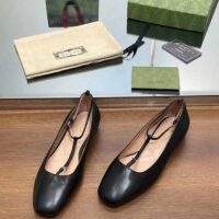 Gucci Women GG Ballet Flat Double G Black Leather Sole Flat 1 Cm Heel (12)