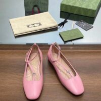 Gucci Women GG Ballet Flat Double G Pink Leather Sole Flat 1 Cm Heel (13)