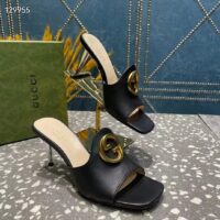 Gucci Women GG Blondie Slide Sandal Black Leather Metallic Mid Heel 6.6 Cm Heel (8)