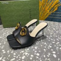 Gucci Women GG Blondie Slide Sandal Black Leather Metallic Mid Heel 6.6 Cm Heel (8)