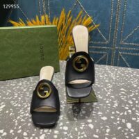 Gucci Women GG Blondie Slide Sandal Black Leather Metallic Mid Heel 6.6 Cm Heel (8)