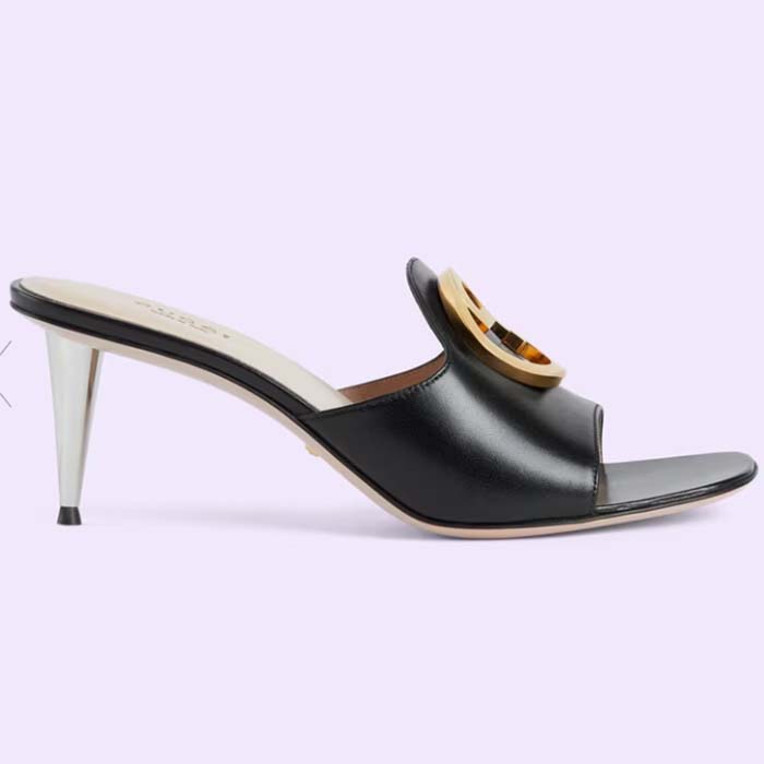 Gucci Women GG Blondie Slide Sandal Black Leather Metallic Mid Heel 6.6 Cm Heel