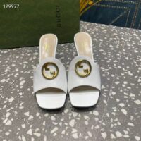 Gucci Women GG Blondie Slide Sandal White Leather Metallic Mid Heel 6.6 Cm Heel (7)