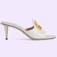 Gucci Women GG Blondie Slide Sandal White Leather Metallic Mid Heel 6.6 Cm Heel (7)