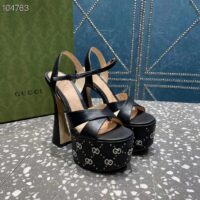 Gucci Women GG Interlocking G Studs Sandal Black Leather Spool High 15 Cm Heel (6)