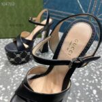 Gucci Women GG Interlocking G Studs Sandal Black Leather Spool High 15 Cm Heel - Image 9