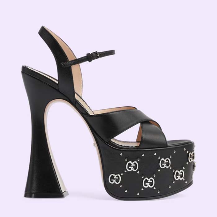 Gucci Women GG Interlocking G Studs Sandal Black Leather Spool High 15 Cm Heel