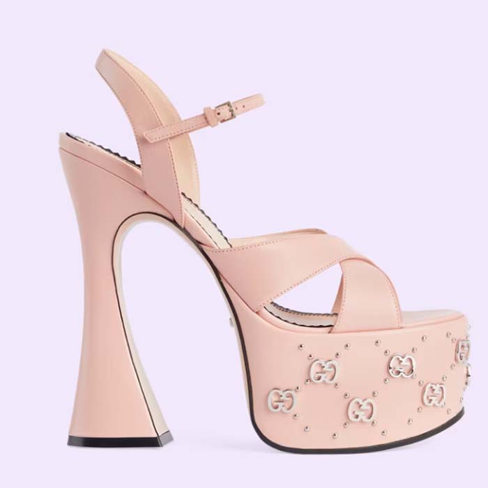 Gucci Women GG Interlocking G Studs Sandal Pink Leather Spool High 15 Cm Heel