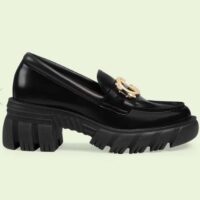 Gucci Women GG Lug Sole Interlocking G Loafer Black Patent Leather Low Heel Rubber