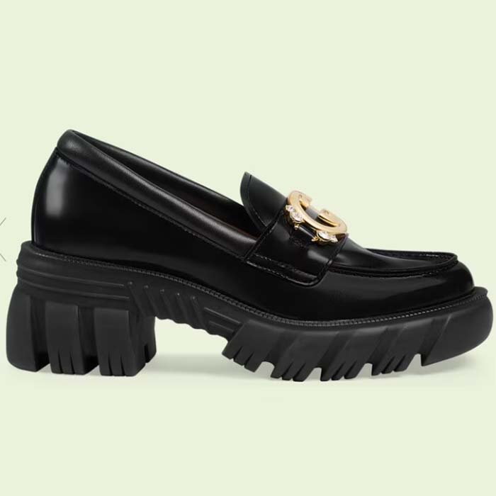 Gucci Women GG Lug Sole Interlocking G Loafer Black Patent Leather Low Heel Rubber