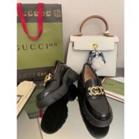 Gucci Women GG Lug Sole Interlocking G Loafer Black Patent Leather Low Heel Rubber (10)