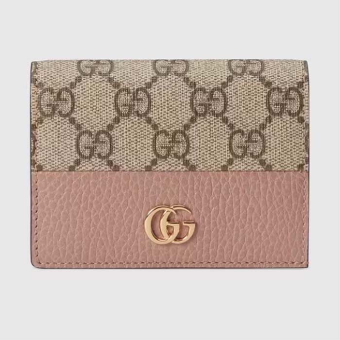 Gucci Women GG Marmont Card Case Wallet Pink Double G Beige Ebony Supreme Canvas