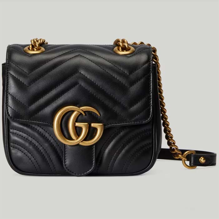 Gucci Women GG Marmont Matelassé Mini Tote Bag Black Chevron Leather Double G