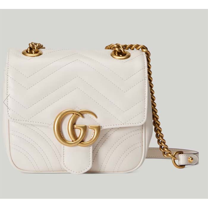 Gucci Women GG Marmont Matelassé Mini Tote Bag White Chevron Leather Double G