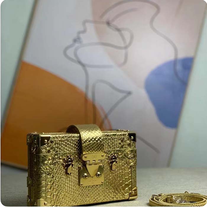 Louis Vuitton LV Women Petite Malle Handbag Metallise Golden Hour Brilliant Alligator Leather (9)
