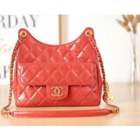 Chanel Women CC Hobo Handbag Shiny Crumpled Calfskin Gold-Tone Metal Red (3)