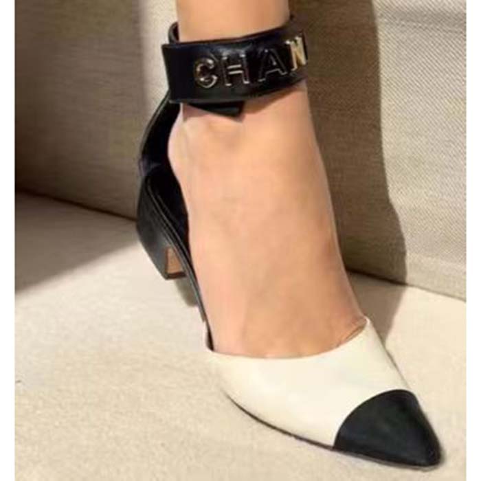Chanel Women CC Sandals Calfskin Black White Gold Tone Metal Logo (2)