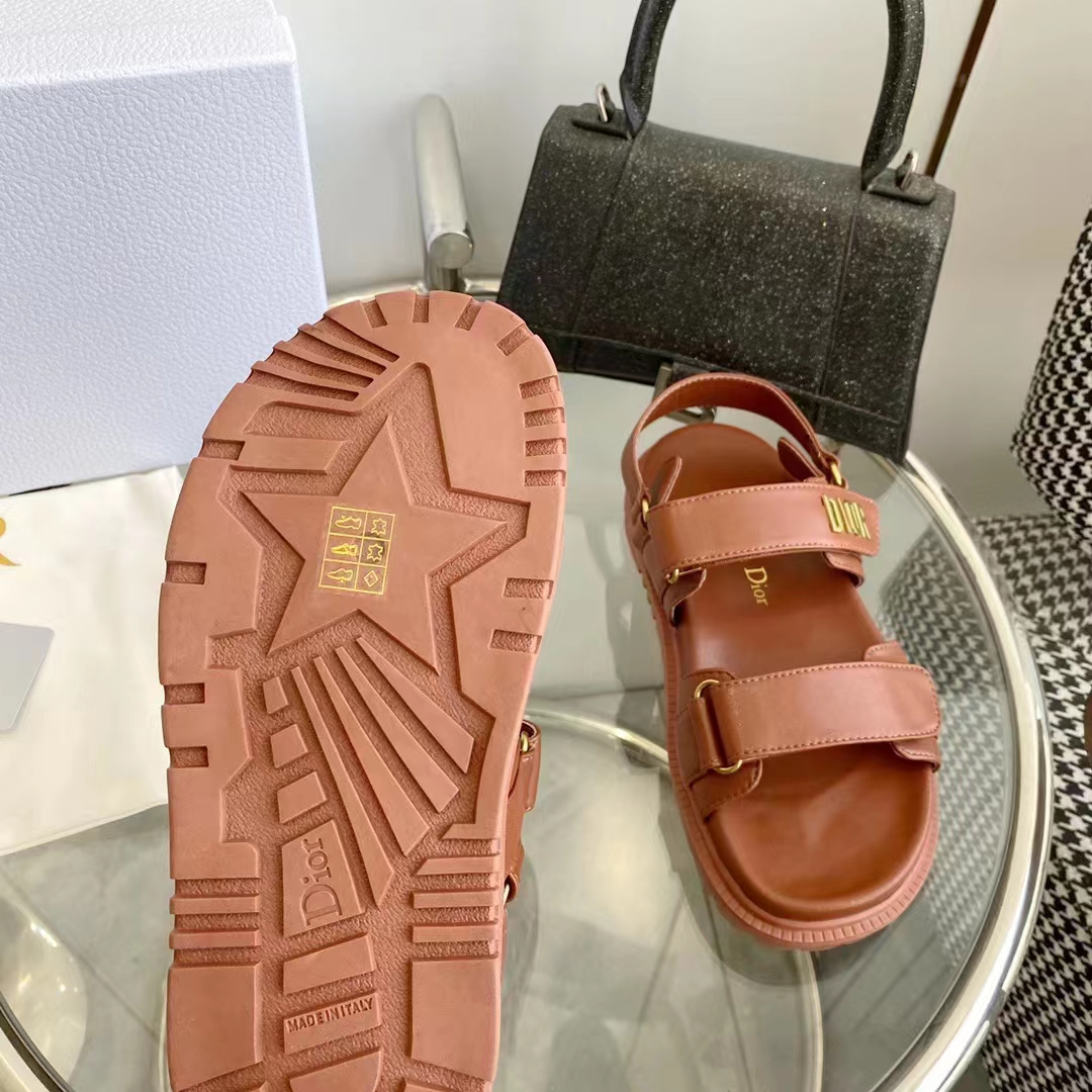 Dior Unisex Shoes DiorAct Sandal Cognac-Colored Lambskin Gold-Finish Metal DIOR Signature