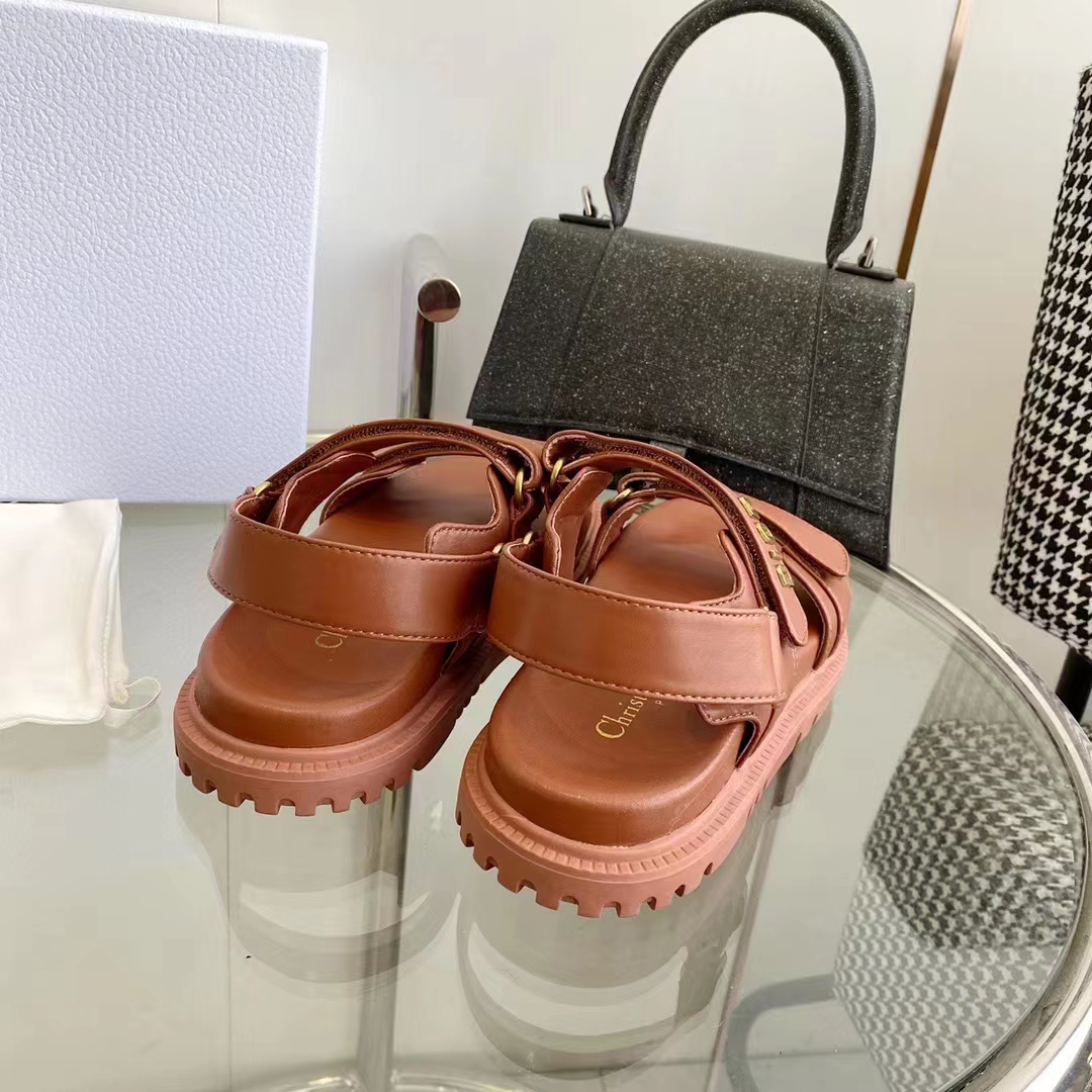Dior Unisex Shoes DiorAct Sandal Cognac-Colored Lambskin Gold-Finish Metal DIOR Signature