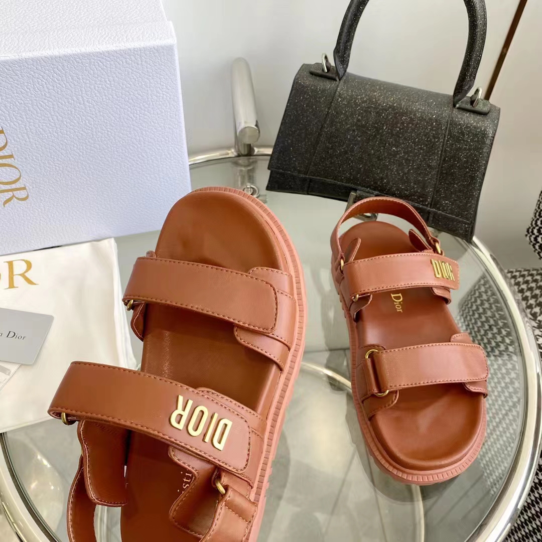 Dior Unisex Shoes DiorAct Sandal Cognac-Colored Lambskin Gold-Finish Metal DIOR Signature