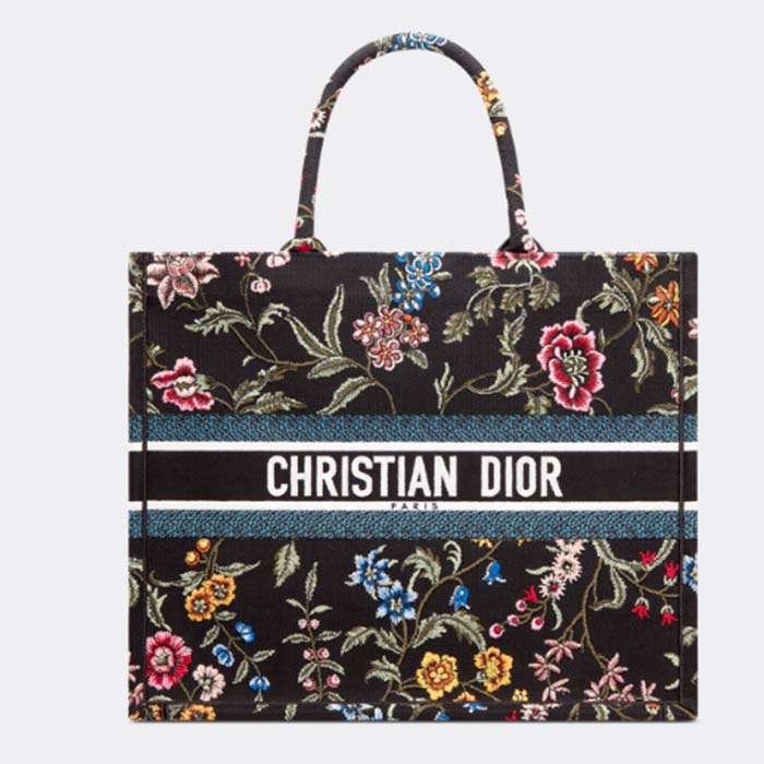 Dior Women CD Large Book Tote Black Multicolor Dior Petites Fleurs Embroidery