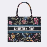 Dior Women CD Medium Book Tote Black Multicolor Dior Petites Fleurs Embroidery