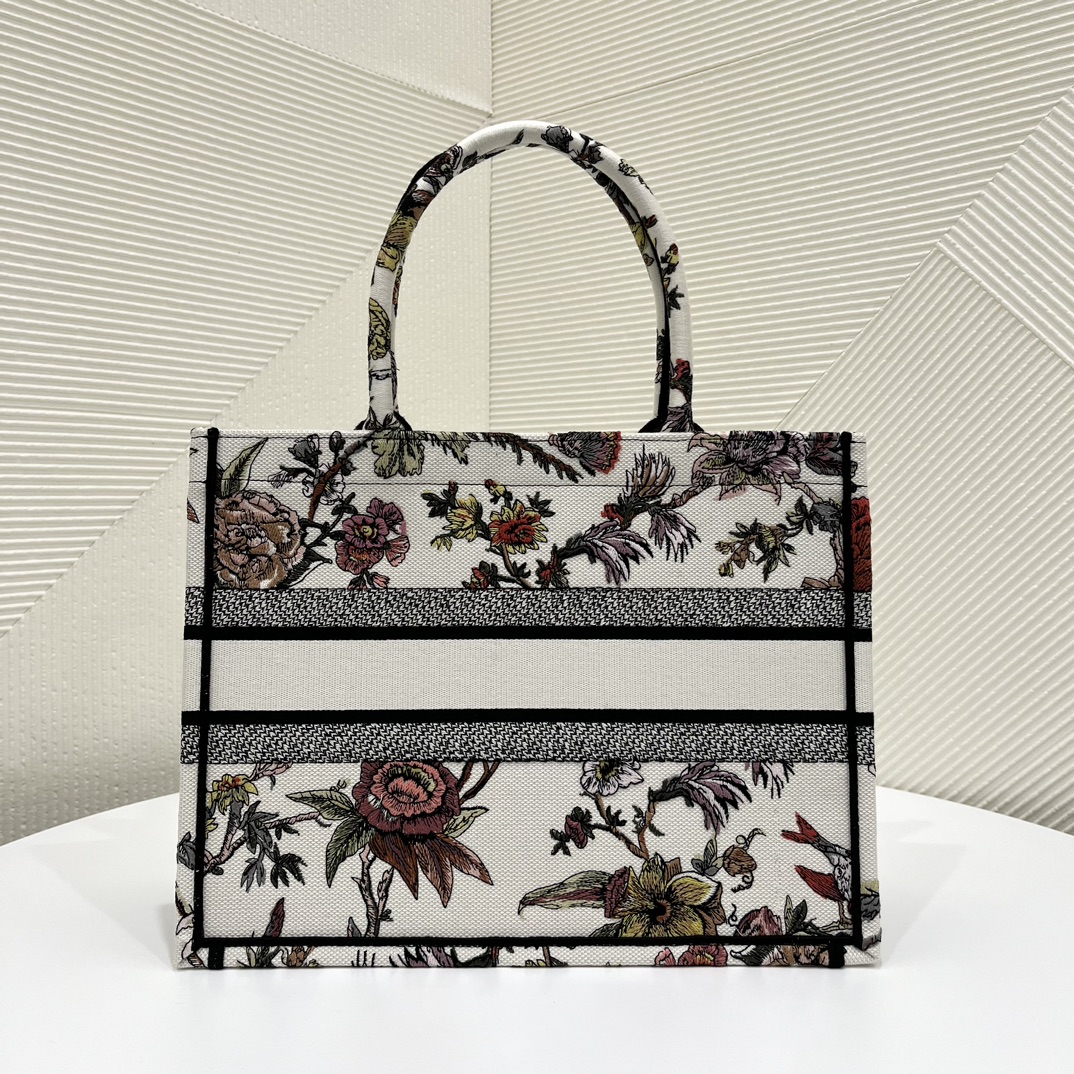 Dior Women CD Medium Book Tote White Multicolor Jardin Botanique Embroidery