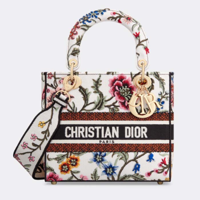 Dior Women CD Medium Lady D-Lite Bag White Multicolor Dior Petites Fleurs Embroidery