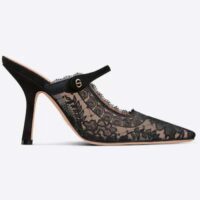 Dior Women Shoes CD Capture Heeled Mule Black Transparent Mesh Suede Embroidered Roses (13)