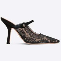 Dior Women Shoes CD Capture Heeled Mule Black Transparent Mesh Suede Embroidered Roses