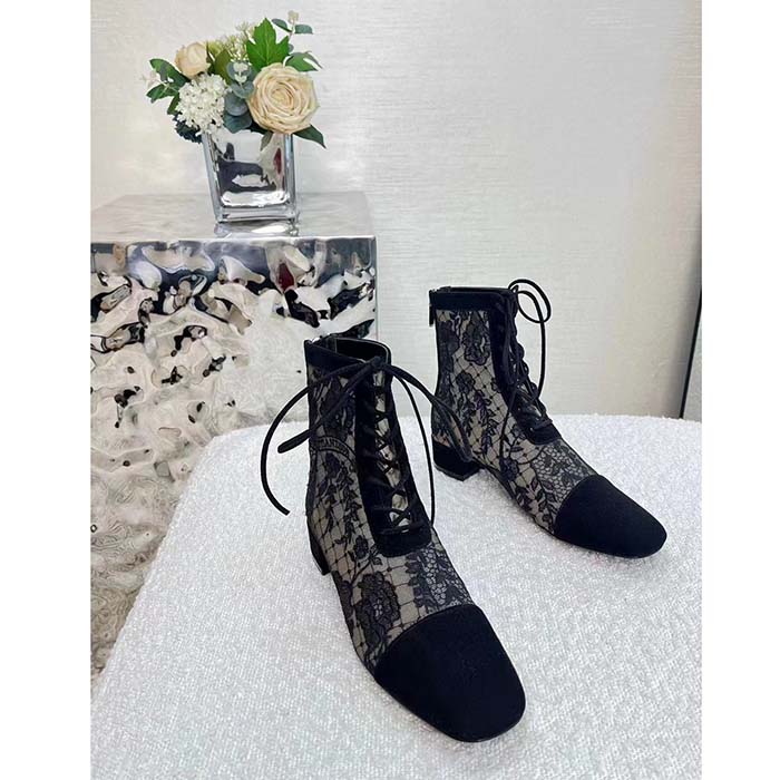 Dior Women Shoes CD Naughtily-D Ankle Boot Black Transparent Mesh Suede Embroidered Roses