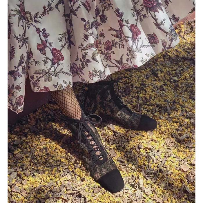 Dior Women Shoes CD Naughtily-D Ankle Boot Black Transparent Mesh Suede Embroidered Roses