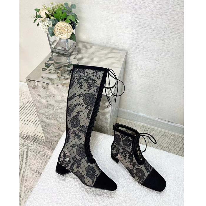 Dior Women Shoes CD Naughtily-D Ankle Boot Black Transparent Mesh Suede Embroidered Roses