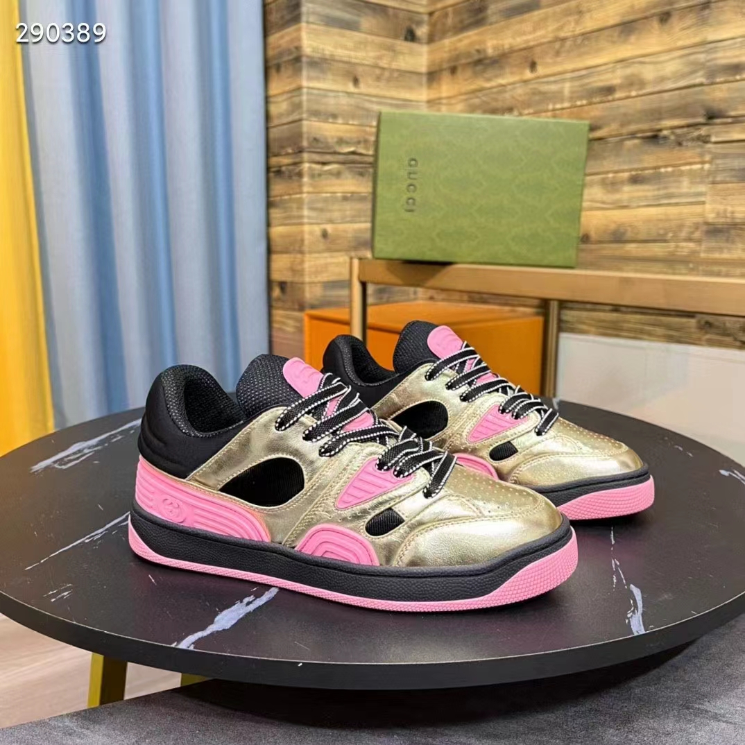 Gucci Unisex Basket Sneaker Gold Metallic Leather Pink Rubber Low 3.3 Cm Heel (10)