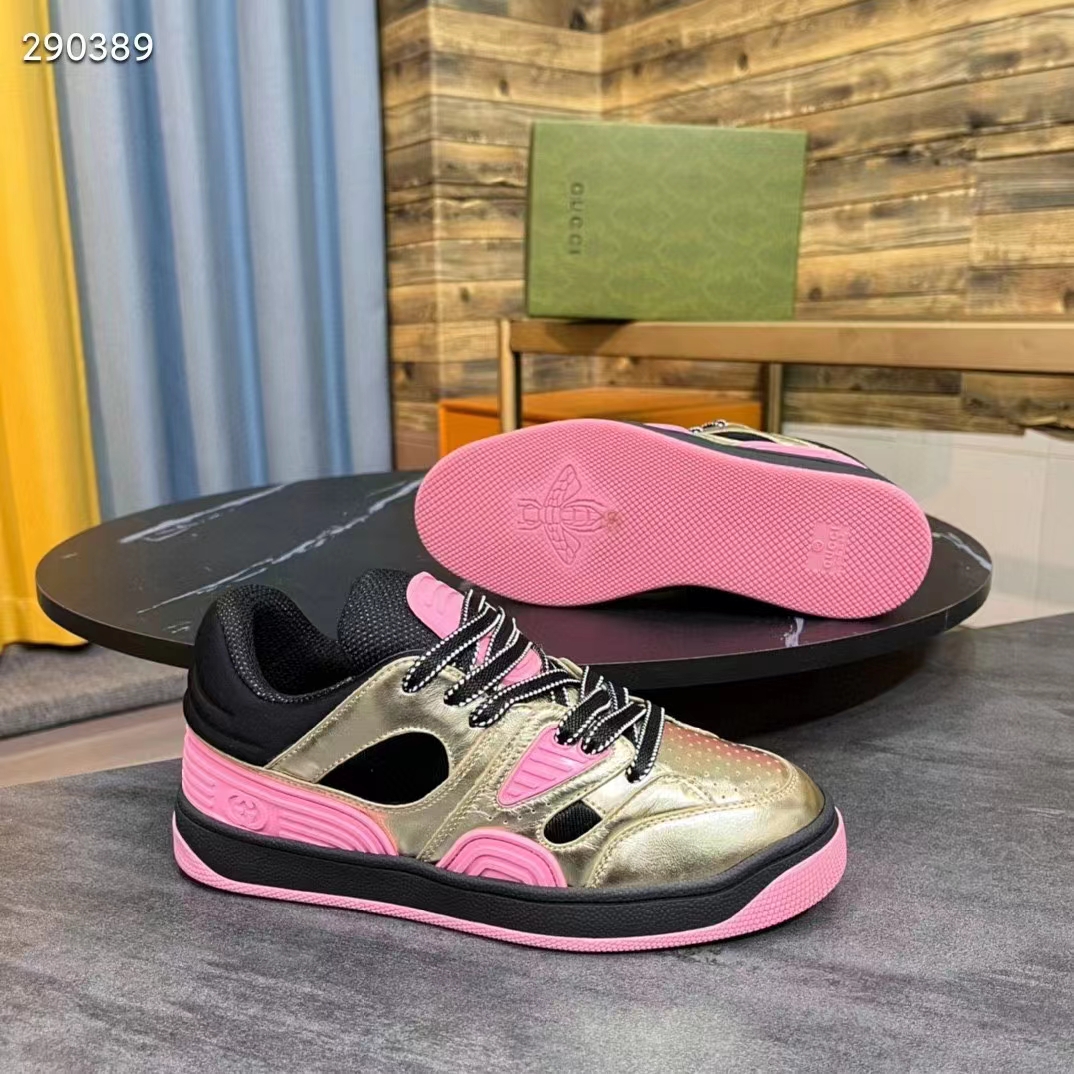 Gucci Unisex Basket Sneaker Gold Metallic Leather Pink Rubber Low 3.3 Cm Heel (2)
