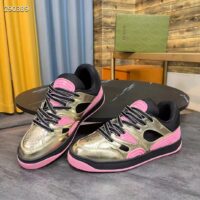 Gucci Unisex Basket Sneaker Gold Metallic Leather Pink Rubber Low 3.3 Cm Heel (4)