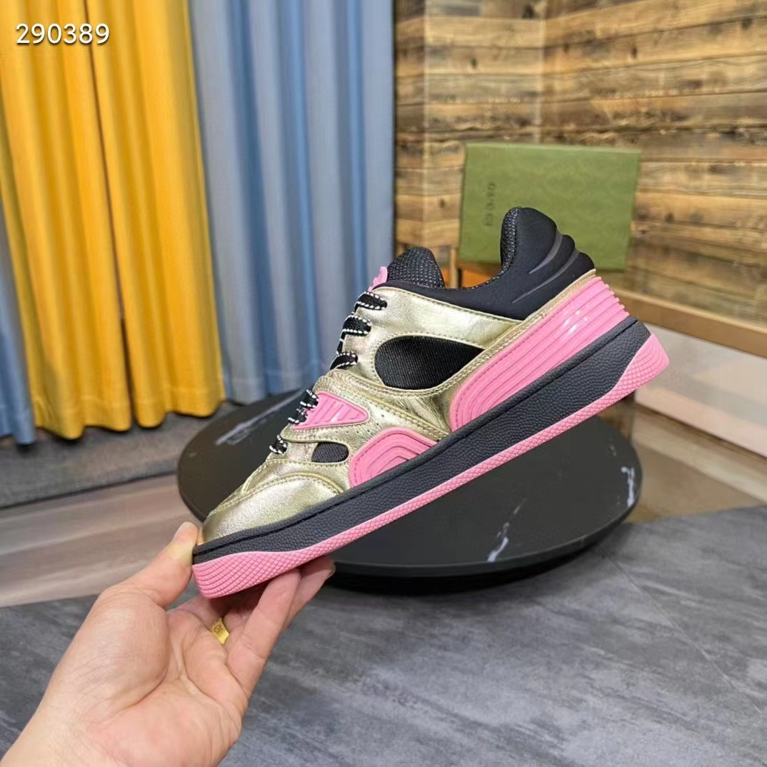 Gucci Unisex Basket Sneaker Gold Metallic Leather Pink Rubber Low 3.3 Cm Heel (5)