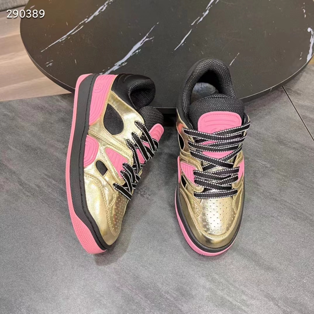 Gucci Unisex Basket Sneaker Gold Metallic Leather Pink Rubber Low 3.3 Cm Heel (6)