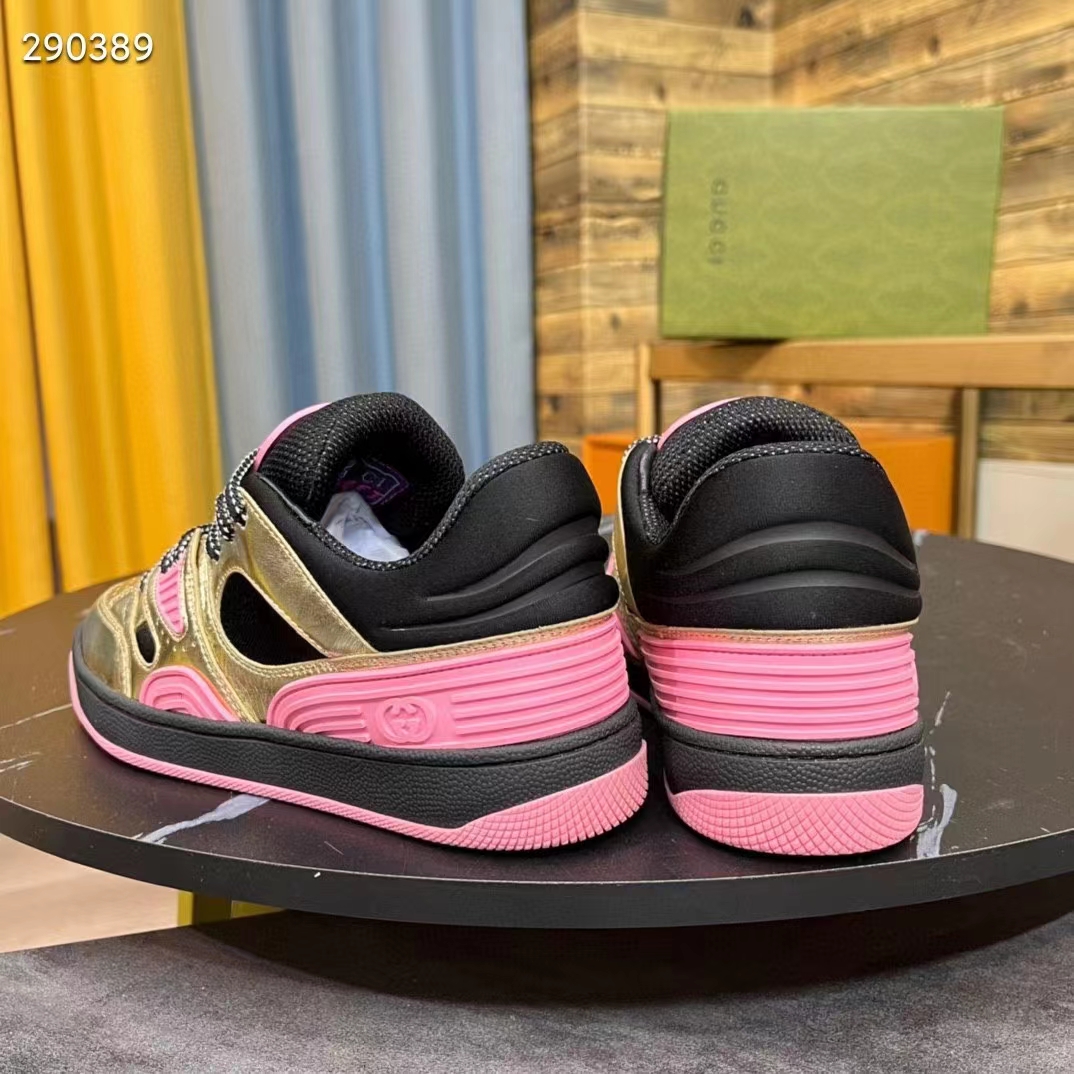 Gucci Unisex Basket Sneaker Gold Metallic Leather Pink Rubber Low 3.3 Cm Heel (7)