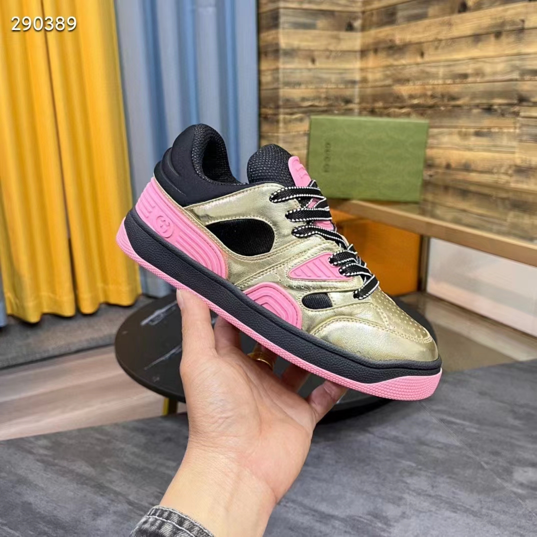 Gucci Unisex Basket Sneaker Gold Metallic Leather Pink Rubber Low 3.3 Cm Heel (8)