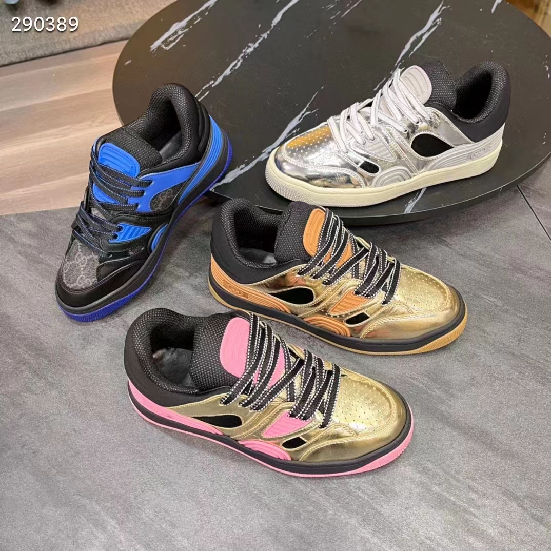Gucci Unisex Basket Sneaker Gold Metallic Leather Pink Rubber Low 3.3 Cm Heel (9)