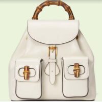 Gucci Unisex GG Bamboo Small Backpack White Leather Bamboo Handle (1)