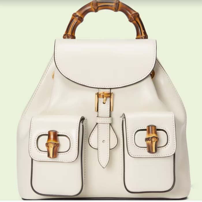 Gucci Unisex GG Bamboo Small Backpack White Leather Bamboo Handle