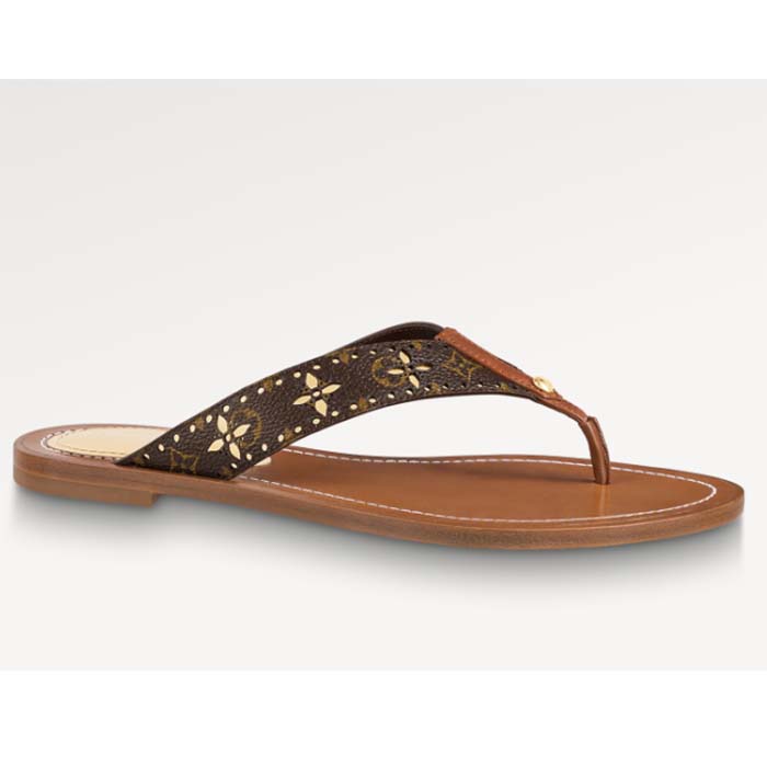 Gucci Unisex GG Sunny Flat Thong Gold Perforated Monogram Canvas Leather Outsole