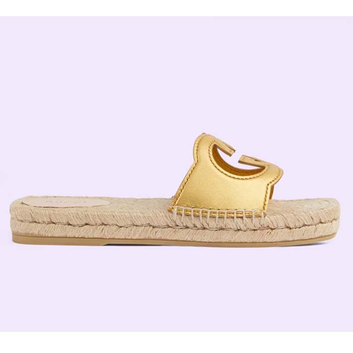 Gucci Unisex Interlocking G Cut-Out Slide Sandals Metallic Gold Leather Flat 2 cm Heel
