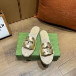 Gucci Unisex Interlocking G Cut-Out Slide Sandals Metallic Gold Leather Flat 2 cm Heel - Image 4