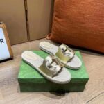 Gucci Unisex Interlocking G Cut-Out Slide Sandals Metallic Gold Leather Flat 2 cm Heel - Image 2