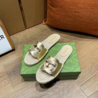 Gucci Unisex Interlocking G Cut-Out Slide Sandals Metallic Gold Leather Flat 2 cm Heel (5)
